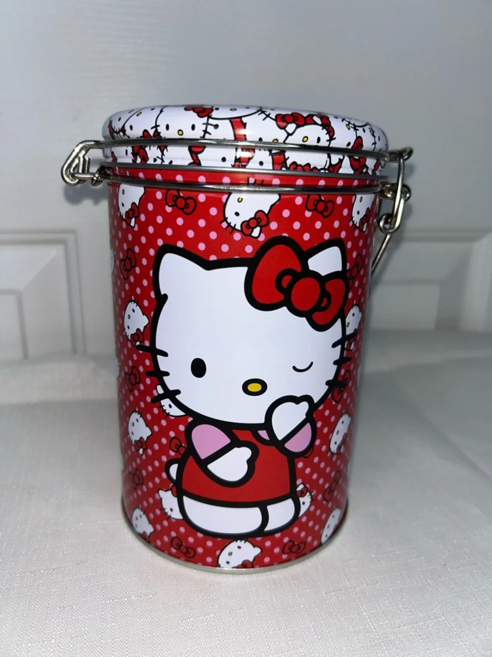 Hello Kitty Red and White Metal Storage Tin with Polkadot Graphic